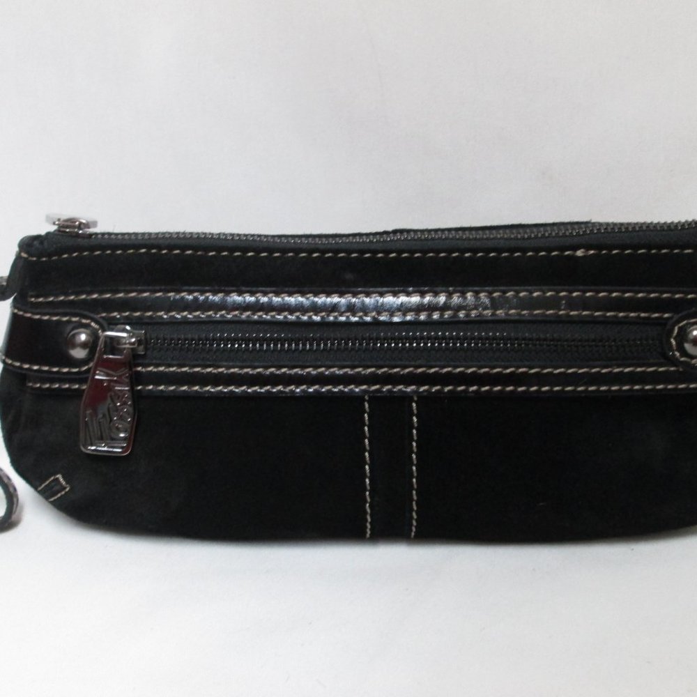 Fossil Suede Patent Leather black Wristlet Clutch Handbag zip top stitched